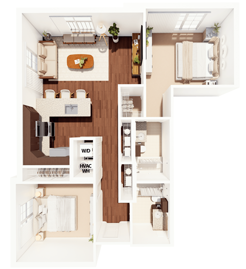 Floor plan for 2 beds, 2 baths, 969 sqft